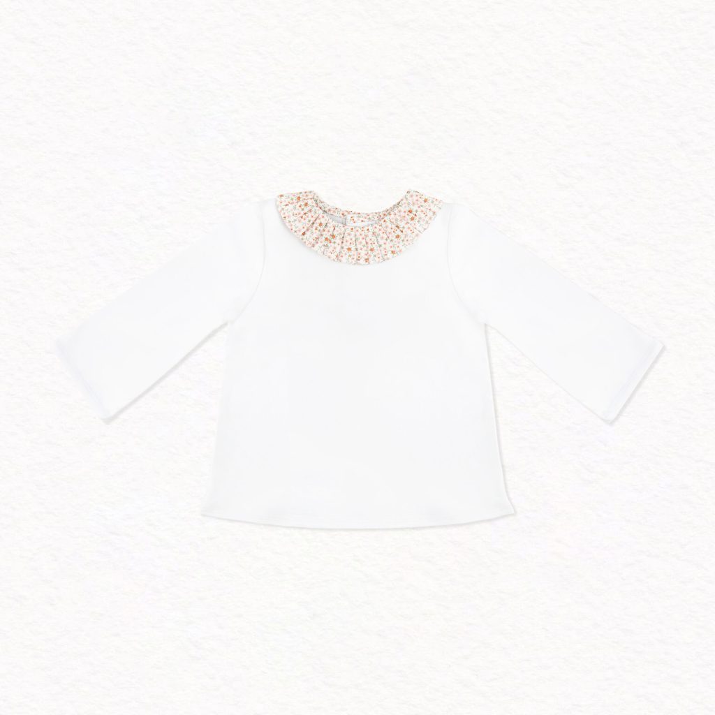 Baby girl T-Shirt Carine white jersey cotton, Floral Collar